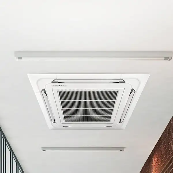 Four-way ceiling cassette air conditioning unit fitted in a suspended ceiling